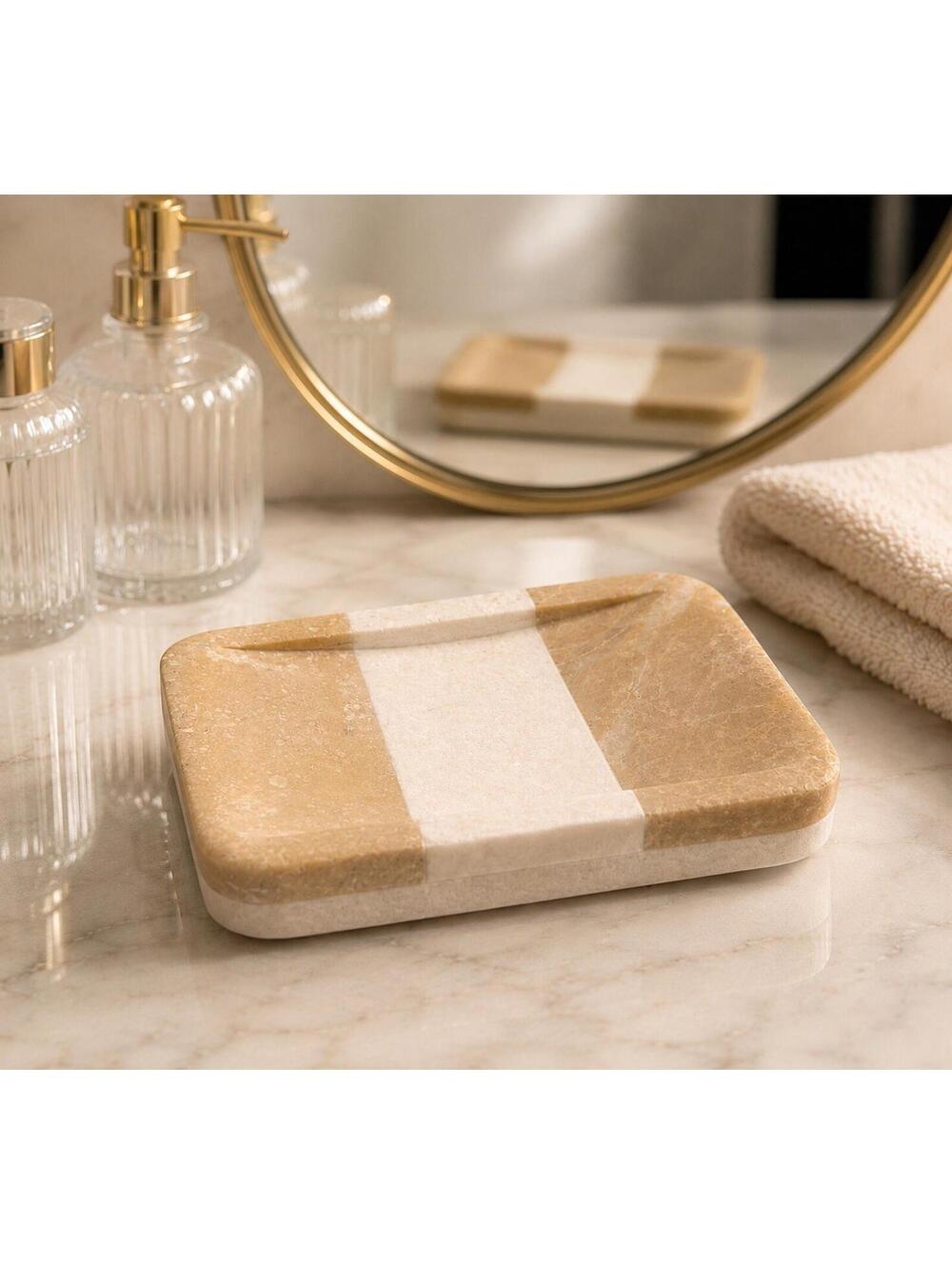 India 1990s Marble Travertine Handcrafted Two-Tone Soap Dish, 4.75x3”